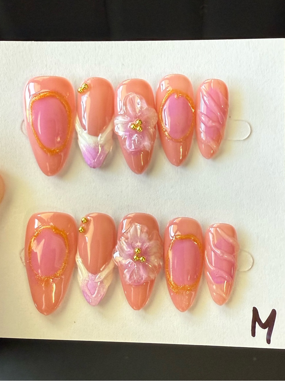 Handmade Pink and Coral Press-On Nail Set with Floral Accent